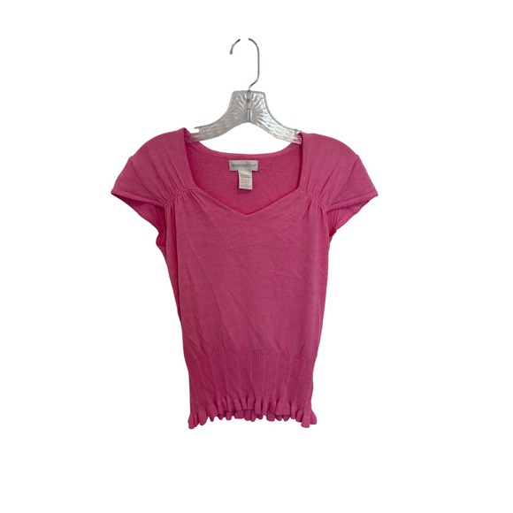 Vintage Worthington Pink Knit Top Square Neck Short Sleeve Ruffle Hem‎ Medium - Picture 1 of 6